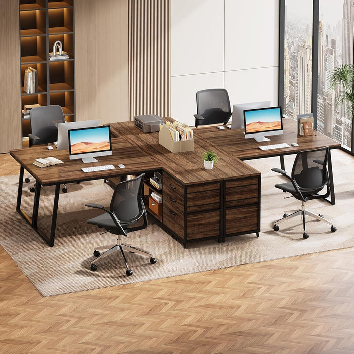 53" L Shaped Office Desk, Reversible Corner Computer Desk with 3 File Drawers and 2 Storage Shelves for Home Office, Study, Gaming Room (Brown)