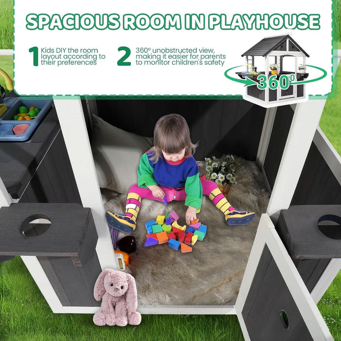 Kids Wooden Playhouse for Outdoor, Cottage with Sink, Picnic Table, Mailbox, Flowerpot Holders, Age 3-8 (Gray&White)