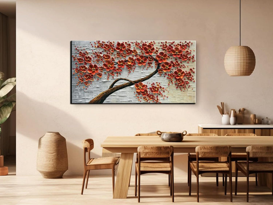 - Hand-Painted Oil Painting on Canvas Texture Palette Knife Red Flowers Paintings Modern Home Decor Wall Art Painting Colorful 3D Flowers Tree Paintings Ready to Hang 24X48Inch