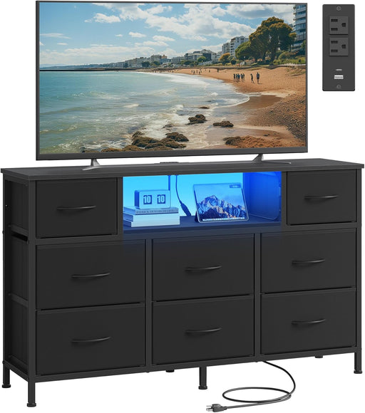 BELLAH Collection - Dresser for Bedroom with Outlets and LED Lights, TV Stand for Tvs up to 55 Inches, Chest of Drawers, 8 Drawers, Steel, Industrial, Modern, Ink Black ULGS433BH02S