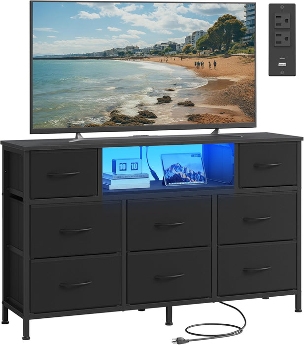 BELLAH Collection - Dresser for Bedroom with Outlets and LED Lights, TV Stand for Tvs up to 55 Inches, Chest of Drawers, 8 Drawers, Steel, Industrial, Modern, Ink Black ULGS433BH02S