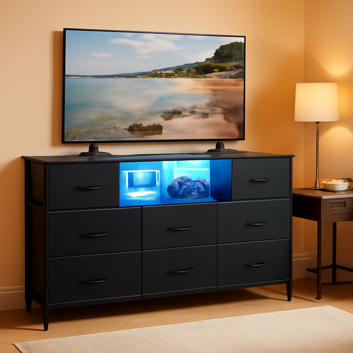 BELLAH Collection - Dresser for Bedroom with Outlets and LED Lights, TV Stand for Tvs up to 55 Inches, Chest of Drawers, 8 Drawers, Steel, Industrial, Modern, Ink Black ULGS433BH02S