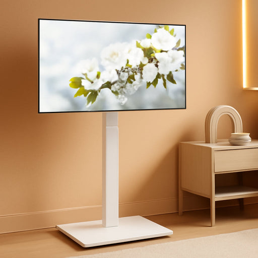 Universal Floor TV Stand with Mount 70 Degree Swivel 9 Level Height Adjustable and Space Saving Design for Most 27 to 65 Inch LCD, LED OLED Tvs, Perfect for Corner & Bedroom White AX1006TW
