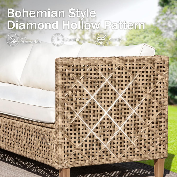 Outdoor Wicker Patio Conversation Set, Acacia Wood Patio Chaise Longue Conversation Set with Coffee Table & Cushions Garden Furniture Sets