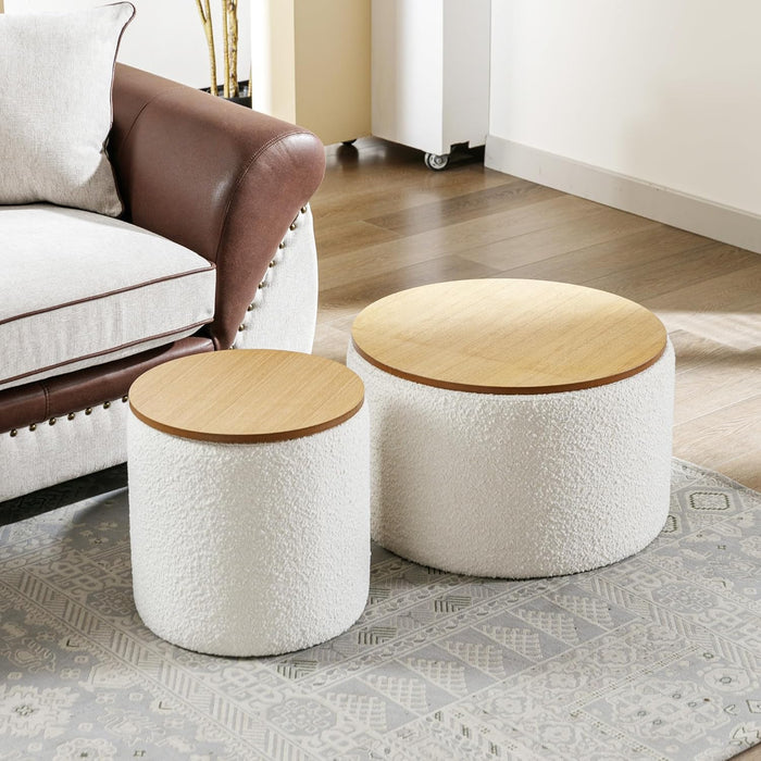 Modern round Ottoman with Storage, 16 Inch Dorm Boucle Ottoman Small Coffee Table, Multi-Functional Wood Foot Rest Stool, Extra Seating Chair for Dorm, Living Room Couch, Bedroom, Off-White