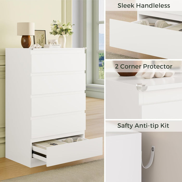 White Wood Dresser for Bedroom, 5 Drawer for Clothes Storage, Modern Dresser with Wide Drawers, Wide Wooden Chest Drawers for Living Room, Entryway, TV Stand