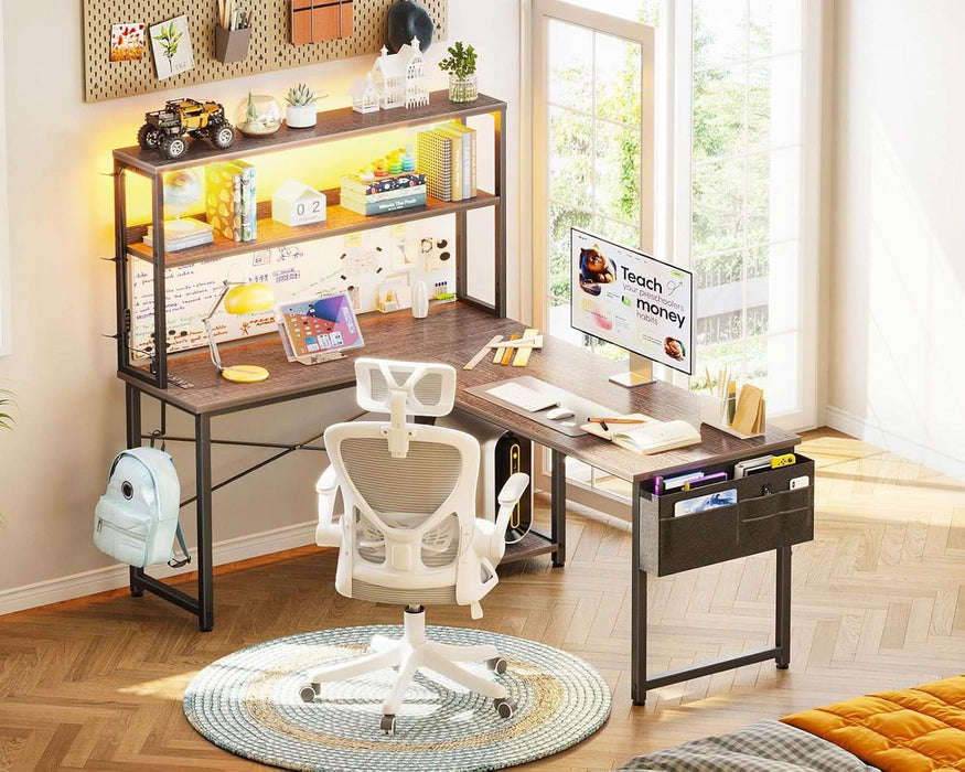 L Shaped Desk Gaming Desk with LED Light & Power Outlet, 53 Inch Reversible L Shaped Computer Desk with Shelf, Corner Desk with Storage Bag&Hook for Home Office Desk, Grey Oak