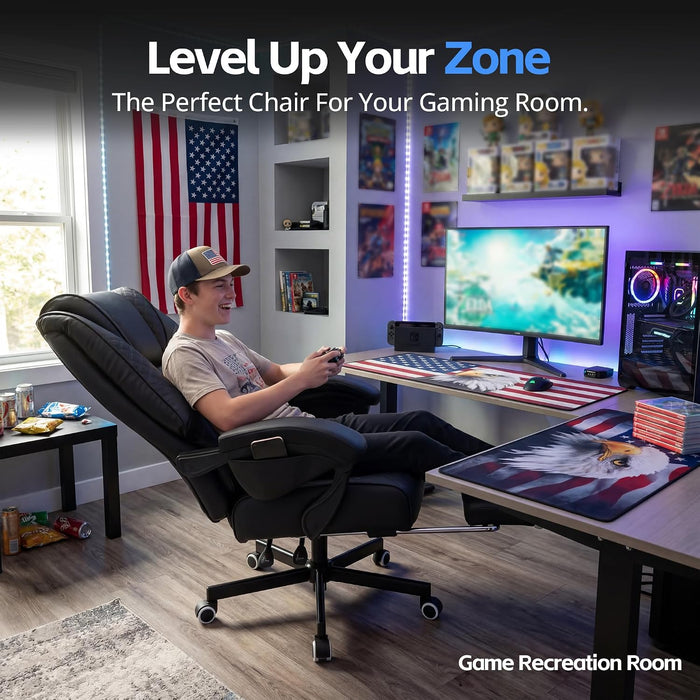 Ergonomic Gaming Office Chair for Adults, Big and Tall Heavy Duty Computer Desk Chair, High Back Video Game Chair with Footrest, Comfortable Leather Home Wide Gamer Chair with Lumbar Support (Black)
