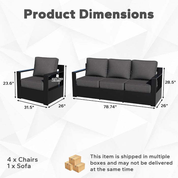 Outdoor Aluminum Furniture Set, 5-Piece Patio Conversation Set, 4 Chairs and 1 Sofa, All-Weather Metal Frame, 6" Thick Removable Cushions, Deep Setting for Garden, Poolside and Porch