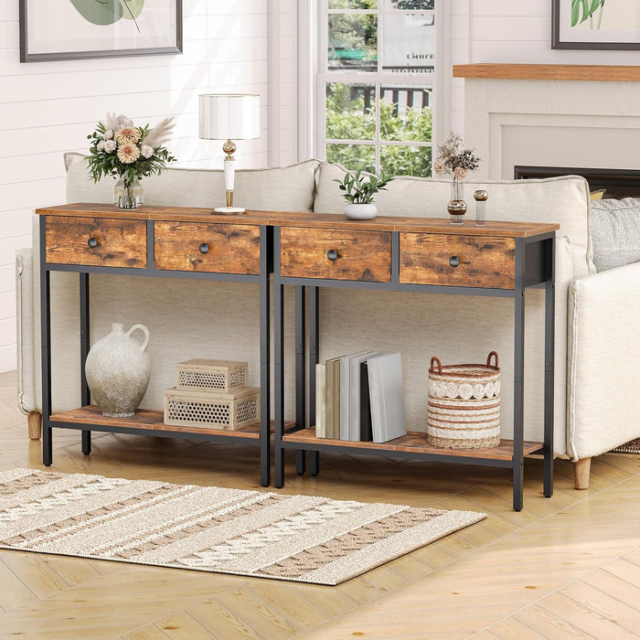 29.5" Narrow Console Table with 2 Fabric Drawers, Small Entryway Table with 2-Tier Storage Shelves, Sofa Table, behind Couch Table, for Living Room, Hallway, Rustic Brown and Black BF71XG01