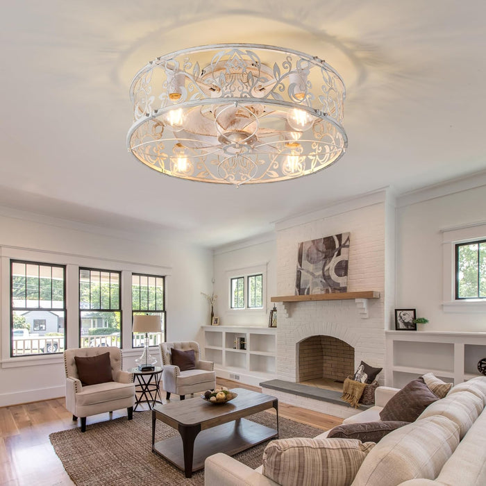 20" Caged Ceiling Fan with Light, Flush Mount Bladeless Fandelier with Remote, Small Low Profile for Bedroom, Kitchen, Dining Room, White Gold