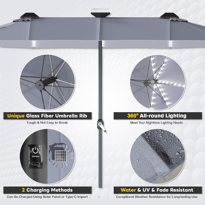 15Ft Double-Sided Patio Umbrella with Solar Lights, Outdoor Rectangle Market Large Patio Umbrella with Base Include|Crank Handle|156 PCS LED Lights for Garden Deck Pool in Grey(1.9" Pole)