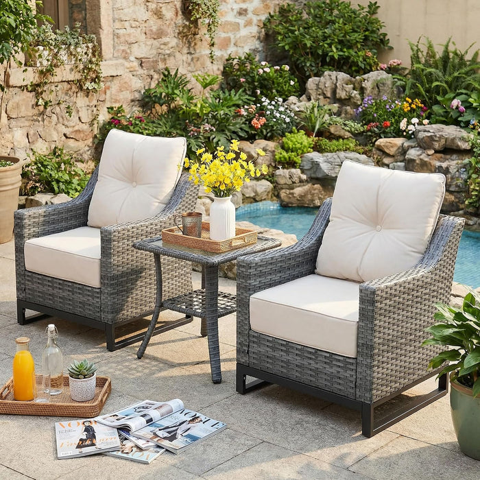 3 Pack Patio Furniture Set with 6" Thick Cushions,  Rattan Wicker Patio Set with Two Outdoor Chairs and Table, High Back Rattan Chair with Comfy Cushions for for Porch, Garden Poolside Balcon