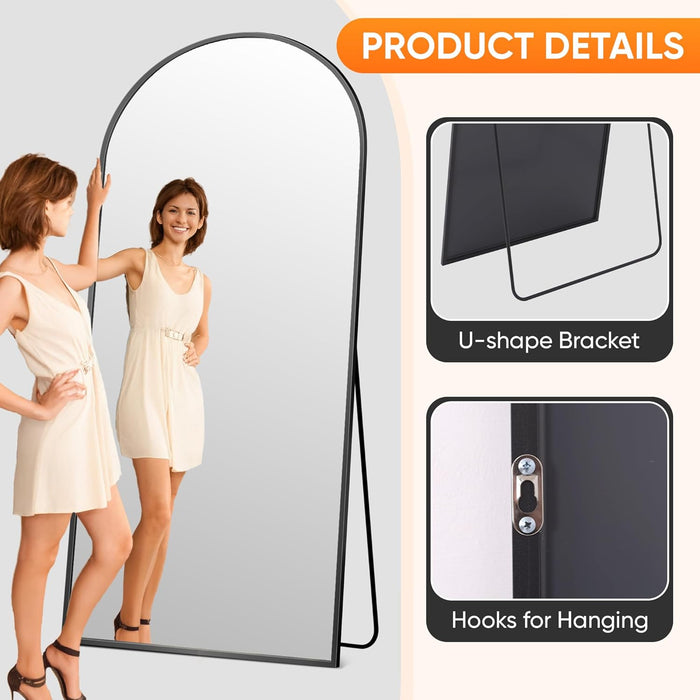 Full Length Mirror, 71"X32" Floor Standing Mirror Freestanding, Full Body Mirrors with Stand for Bedroom, Hanging Mounted for Living Room Cloakroom, Black, Arched Style