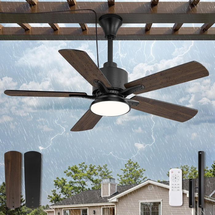 42" Outdoor Ceiling Fan with Light for Patios, IP65 Waterproof Gazebo Fan, Plug in Ceiling Fan with Remote, 3CCT 6-Speed Black Ceiling Fan with Hanging Hook for Porch, Pergola,Canopy