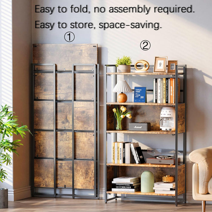 No Assembly 5 Tiers Folding Bookshelf 56.14''H Extra Storage,Rustic Brown