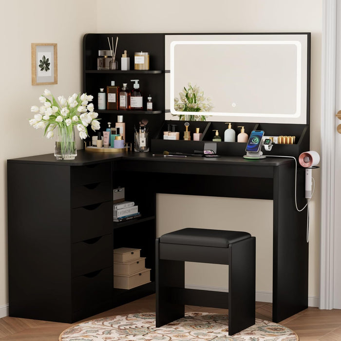 Vanity Desk with Lights and Mirror, L Shaped Makeup Table, Dresser with Hairdryer Holder and Power Outlet, Adjustable 3 Lighting Modes, 5 Drawers and Adjustabled Open Storage Shelves, Black