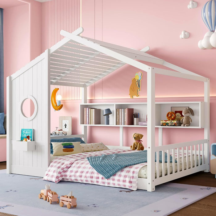 Full Size White PlayhouseStorage Bed Enclosed Roof