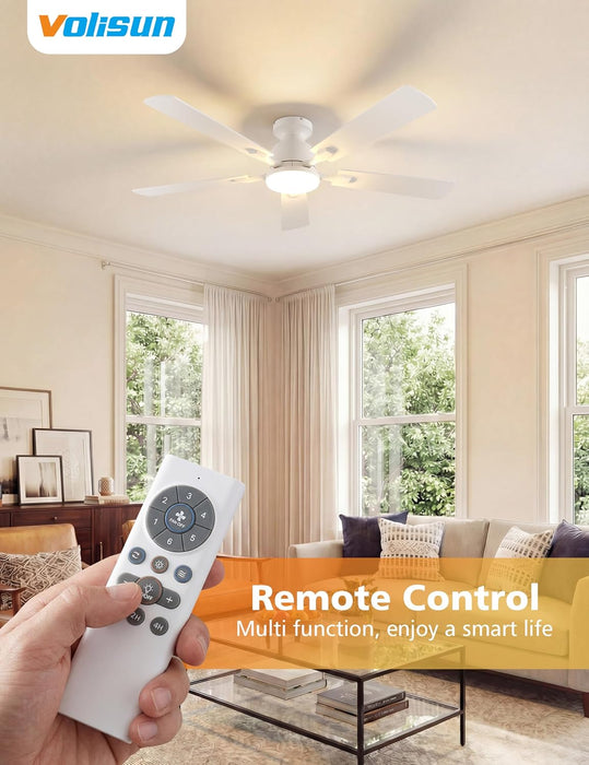 52 Inch Ceiling Fan with Lights Flush Mount, Low Profile Ceiling Fans with Lights, Remote&App Control,Dimmable 22W LED Light,Queit&Reversible Fan, White Ceilings Fans for Bedroom, Living Room