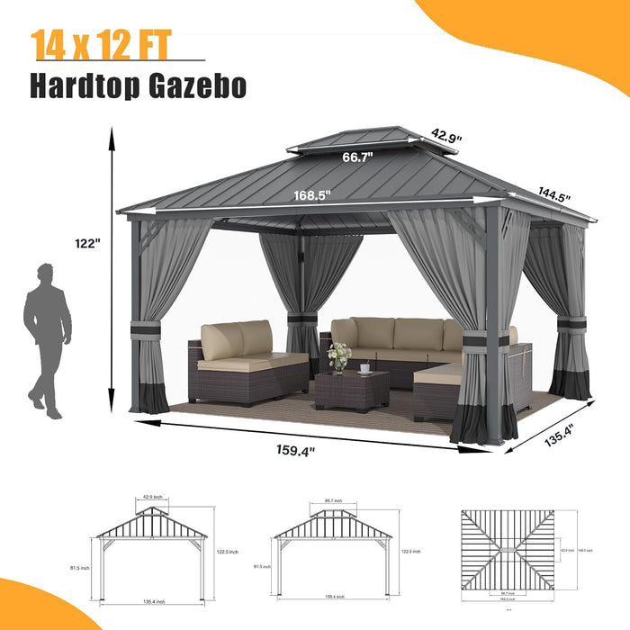 12x14 Gray Hardtop Gazebo Outdoor Weatherproof Netting
