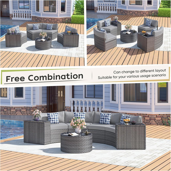 Outdoor Patio Furniture Set with Coffee Table,7 Pieces Half-Moon Curved Outdoor Sectional Sofa and Side Table Waterproof Cover, Wicker Rattan Patio Coversation Set for Porch,Backyard,Pool(Grey)