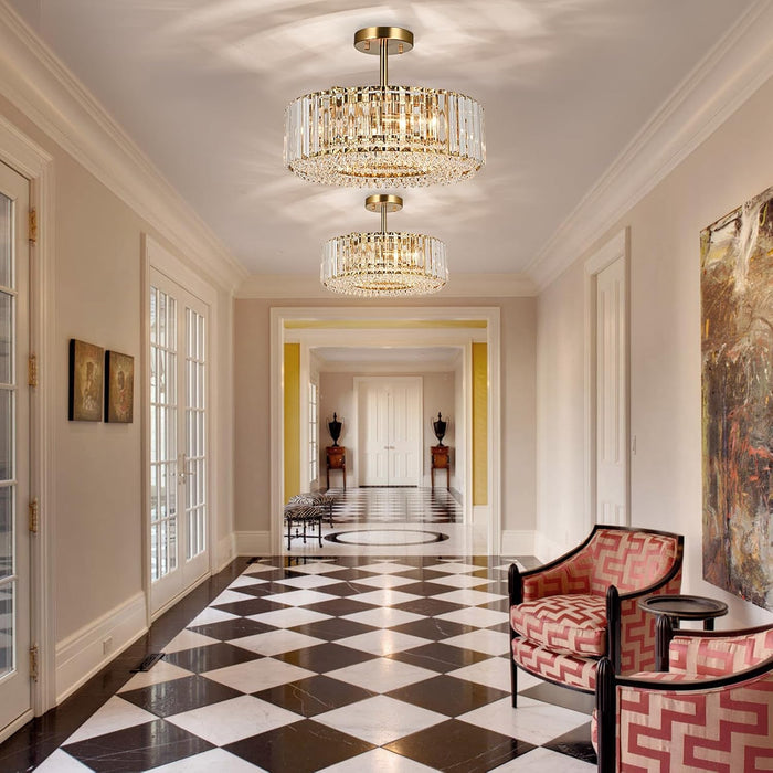 Gold Crystal Chandelier Semi Flush Mount Luminaire