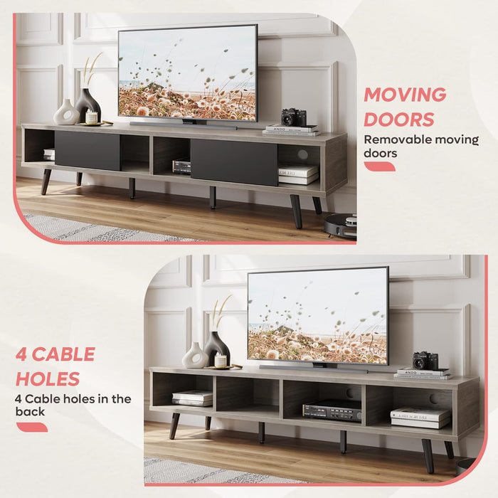 70 Inch Mid Century Modern TV Stand for 75 Inch Tvs, Low Profile Entertainment Center with Storage, Cord Management for Living Room, Gray Wash