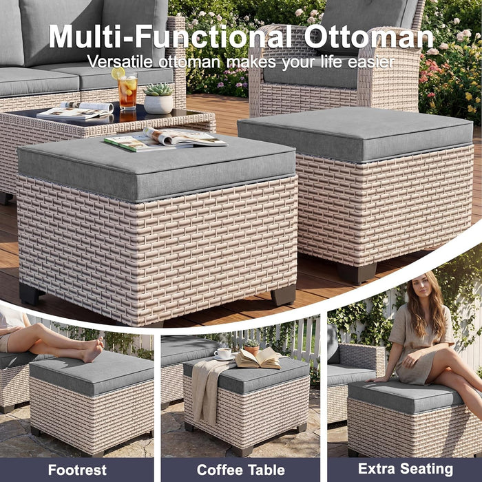 Patio Furniture Set, 12-Piece Outdoor Sectional Sofa with Swivel Rocker Chairs & Ottomans, Wicker Patio Conversation Set with Coffee Table, Gray Cushions