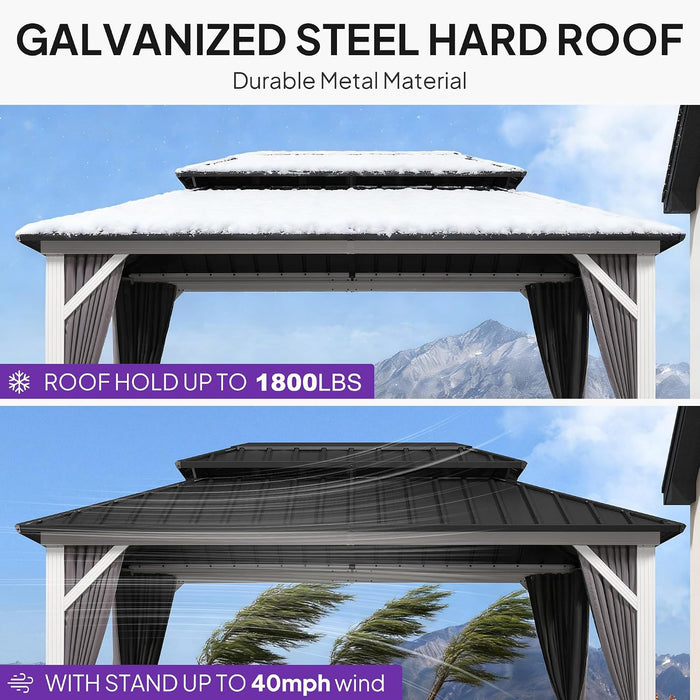 8' X 12' Hardtop Gazebo Metal Double Roof White Aluminum Frame Outdoor Heavy Duty Gazebo with Curtain and Netting for Patio Garden and Backyard, Grey
