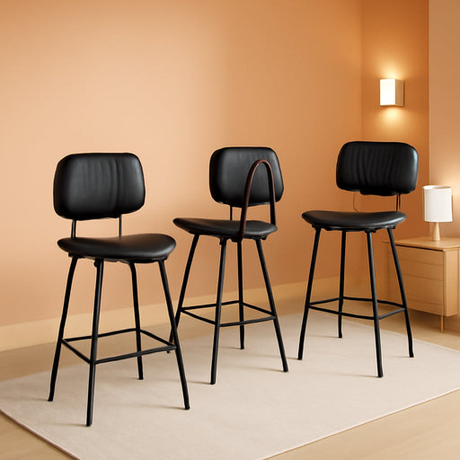 24-Inch Leather Bar Stools Set of 3 with High Backrest, Black | Faux Leather, Counter Height Barstools, Heavy Duty Metal Legs, with Footrest, for Kitchen Island