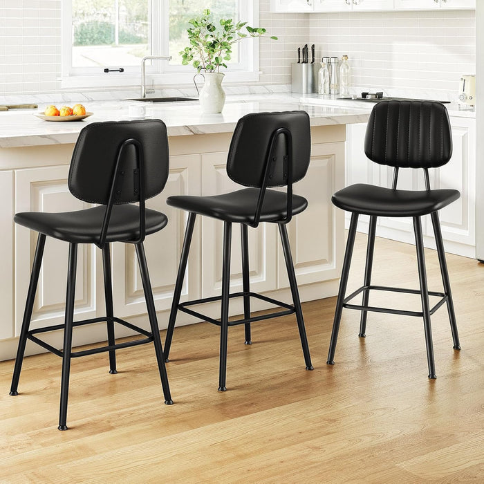 24-Inch Leather Bar Stools Set of 3 with High Backrest, Black | Faux Leather, Counter Height Barstools, Heavy Duty Metal Legs, with Footrest, for Kitchen Island