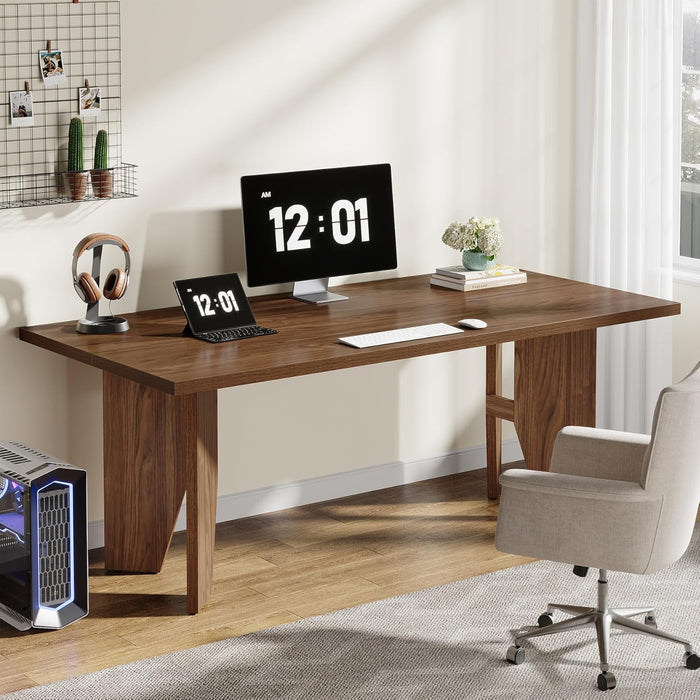63-Inch Executive Desk, Mid-Century Modern Office Desk with Sturdy Legs, Large Wooden Computer Desk Business Workstation for Home Office, Brown