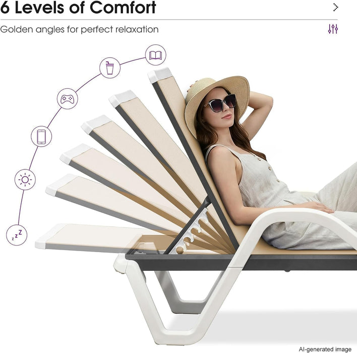 Lounge Chair Outdoor Set of 2 W/Armrest for Poolside, Khaki