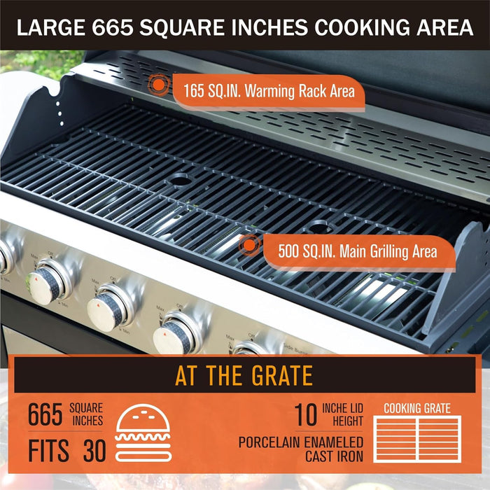 6-Burner Propane Gas BBQ Grill with Side Burner & Porcelain-Enameled Cast Iron Grates, Stainless Steel Barbecue Grills Outdoor Cooking for Outside, 665 SQ.IN. Cooking Area, 65,800BTU