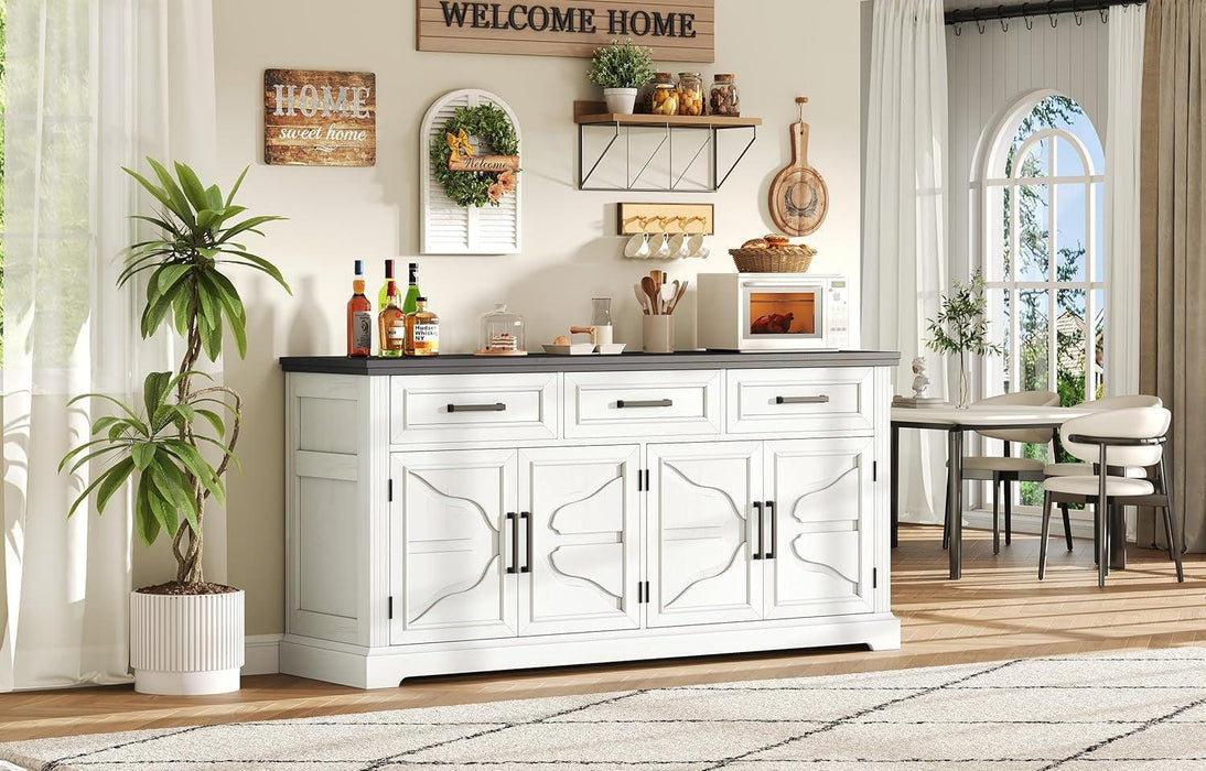 63" Farmhouse Buffet Sideboard Cabinet with 3 Drawers & Adjustable Shelves, White Coffee Bar Wine Bar Storage Cabinet for Kitchen, Living Room