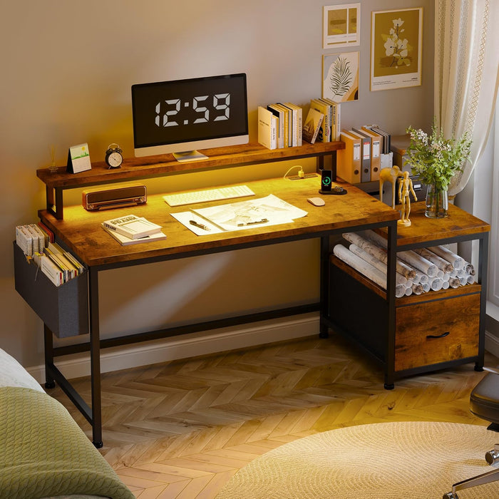 56.5" Office Desk with Drawers and Printer Space,Computer Desk with Power Outlets,Home Office Desks with File Drawers Cabinet,Study and Gaming Desk with Shelves Monitor Stand,Rustic Brown