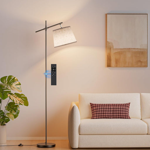Floor Lamp with Linen Shade, Dimmable Tall Standing Lamp with Remote Control & 3 Color Temperatures Bulb, Modern Swing Arm Floor Lamps for Living Room Bedroom Office Corner