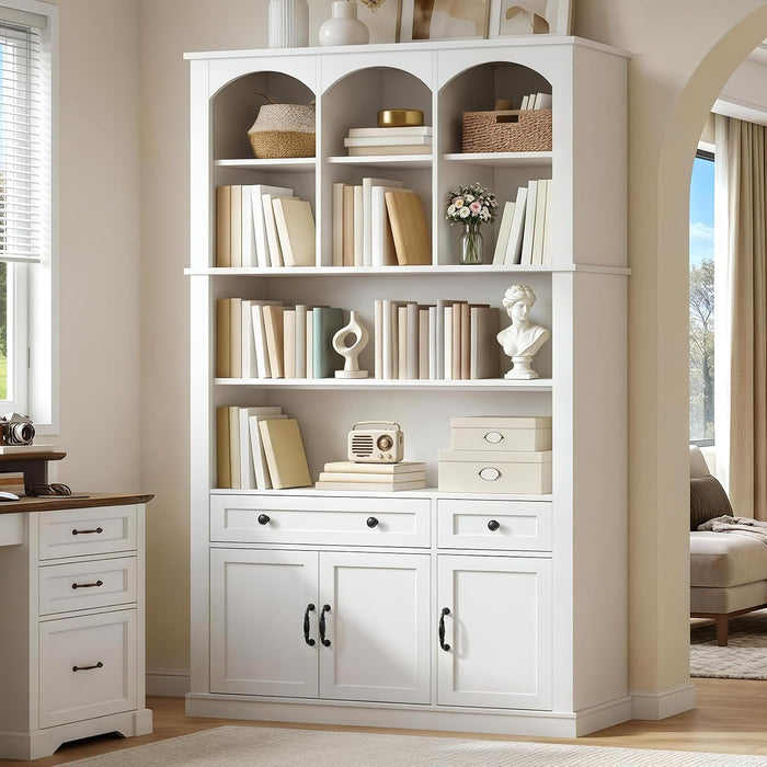 73.2" Tall Farmhouse Arched Bookshelf with Drawer and Door, 6 Tier Mid Century Modern Book Shelf and Bookcase with Storage, Floor Standing Display Cabinet for Living Room, Home Office, White