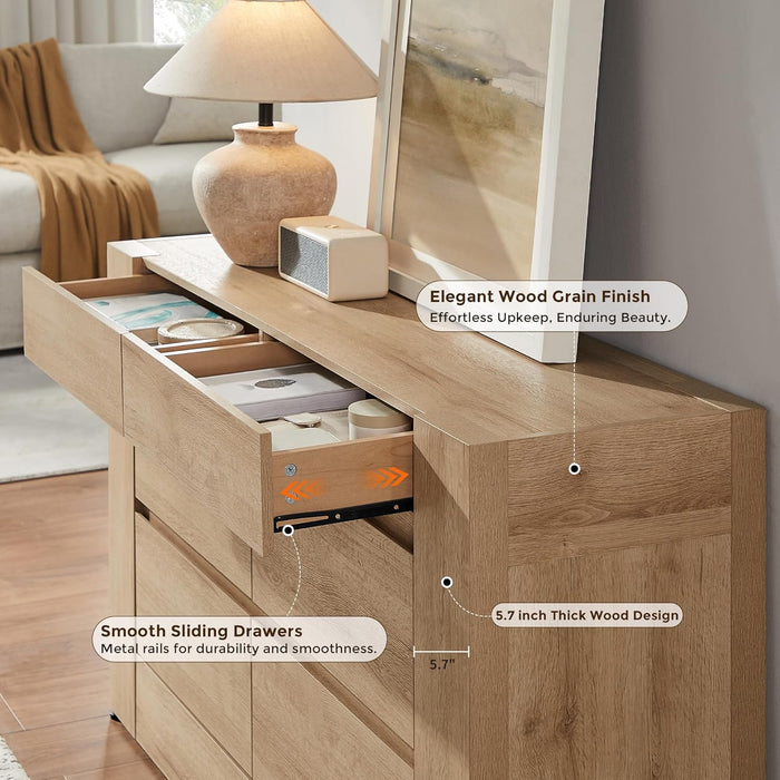 6 Drawer Dresser for Bedroom, 54" Wide Chest of Drawers with Thick Wood Design, Handleless, Modern Bedroom Dresser, Storage Organizer for Living Room/Entryway/Hallway, Natural Oak