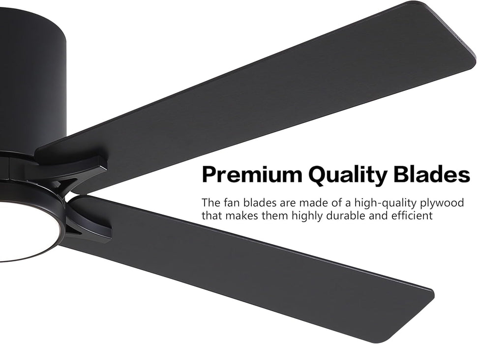 48" DC Flush Mount Ceiling Fan with Lights, 6-Speed Reversible DC Motor, 3CCT, Low Profile Hugger Ceiling Fan for Living Room Bedroom Kitchen, Black Finish and Black/Walnut Blades