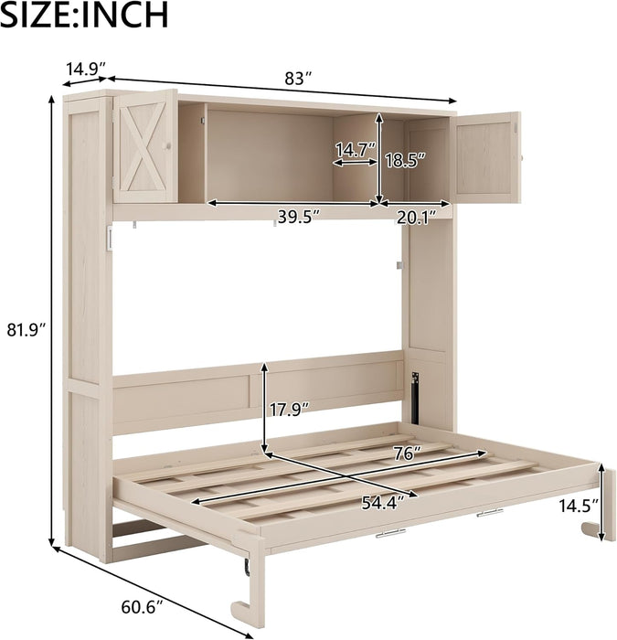 Full Size Murphy Bed with Storage Cabinets, Rustic Solid Wood Wall Bed with 3 Cabinet Shelves, Space Saving Foldable Bed for Studio Apartment, Guest Room, Home Office, Beige