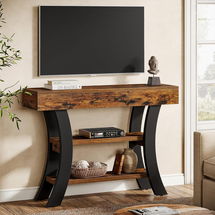 41" Small Console Table for Entryway, 3-Tier Narrow Rustic Sofa Table with Storage Shelves and Curved Frame for Living Room, Entry, Hallway, Foyer, Rustic Brown