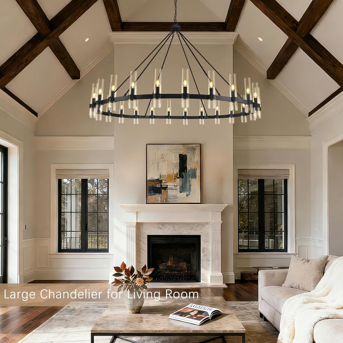 70" 24-Light Black Wagon Wheel Chandelier for High Ceilings Living Room