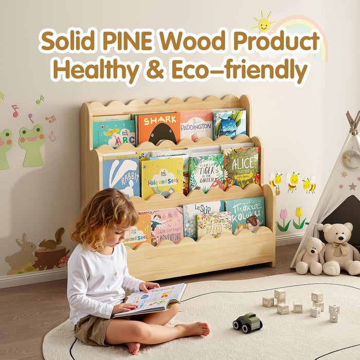 3-Tier Solid Pine Wood Scalloped Bookshelf, Natural | Montessori Bookshelf, Wooden Book Shelf Organizer, Display Furniture, for Playroom, Nursery and Classroom