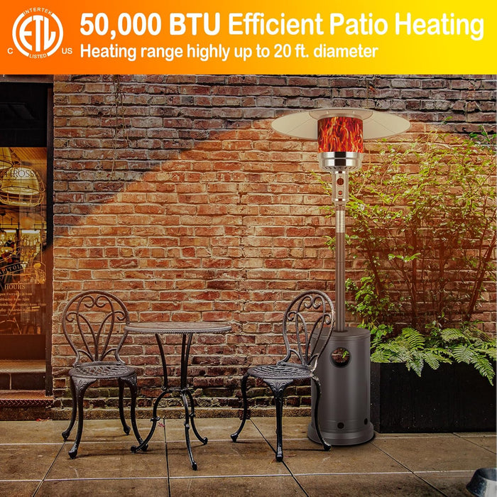 50,000 BTU Patio Heater with Sand Box, Table Design, Double-Layer Stainless Steel Burner, Wheels, Tip-Over Protection System, Outdoor Heater for Home and Residential, Bronze