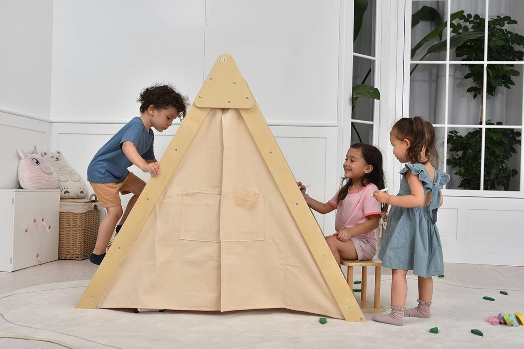 Oak Foldable Triangle Climber 5 in 1 Kids Playhouse Hideaway Montessori Learning Play Tent, Desk, Chair Stool, Art Easel, Chalkboard, Teepee Climbing, Crawling Tunnel Toy Toddler Playset