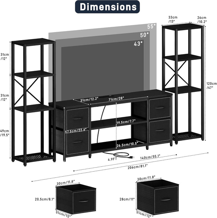 LED TV Stand 60 Inch for Living Room with Charging Station, Farmhouse Entertainment Center with 2 Industrial Bookshelves, Modern Console Cabinet with Storage Drawers (Black)
