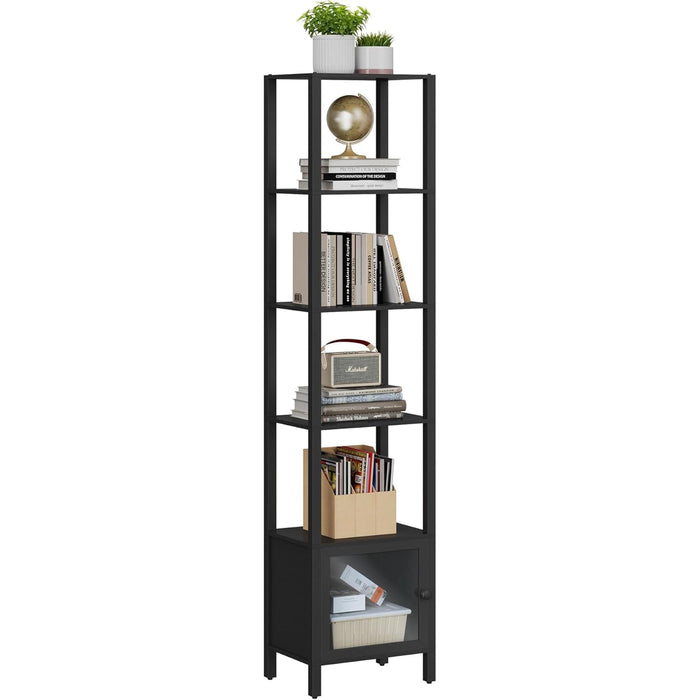 6 Tier  and Bookshelf, Narrow Book Shelf with Door for Small Space, for Living Room, Office, Study, Entryway, Black BS03BK006