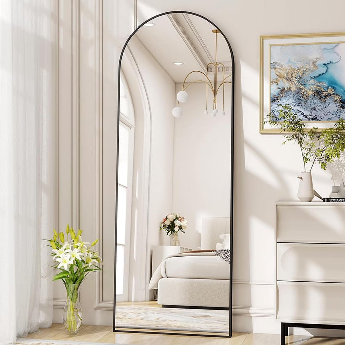 Arched Full Length Floor Mirror with Black Aluminum Frame, 59X16In