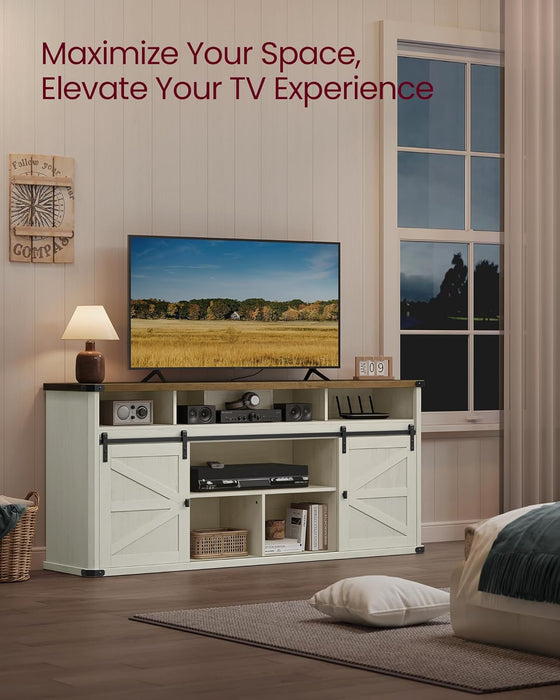 TV Stand for Tvs up to 75 Inches, Farmhouse Entertainment Center with Sliding Barn Doors, Console Table for Living Room, Rustic White and Honey Brown ULTV323W02